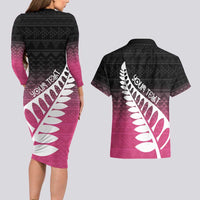 Pink Silver Fern Spirit Taniko Tukutuku Personalised Couples Matching Long Sleeve Bodycon Dress and Hawaiian Shirt