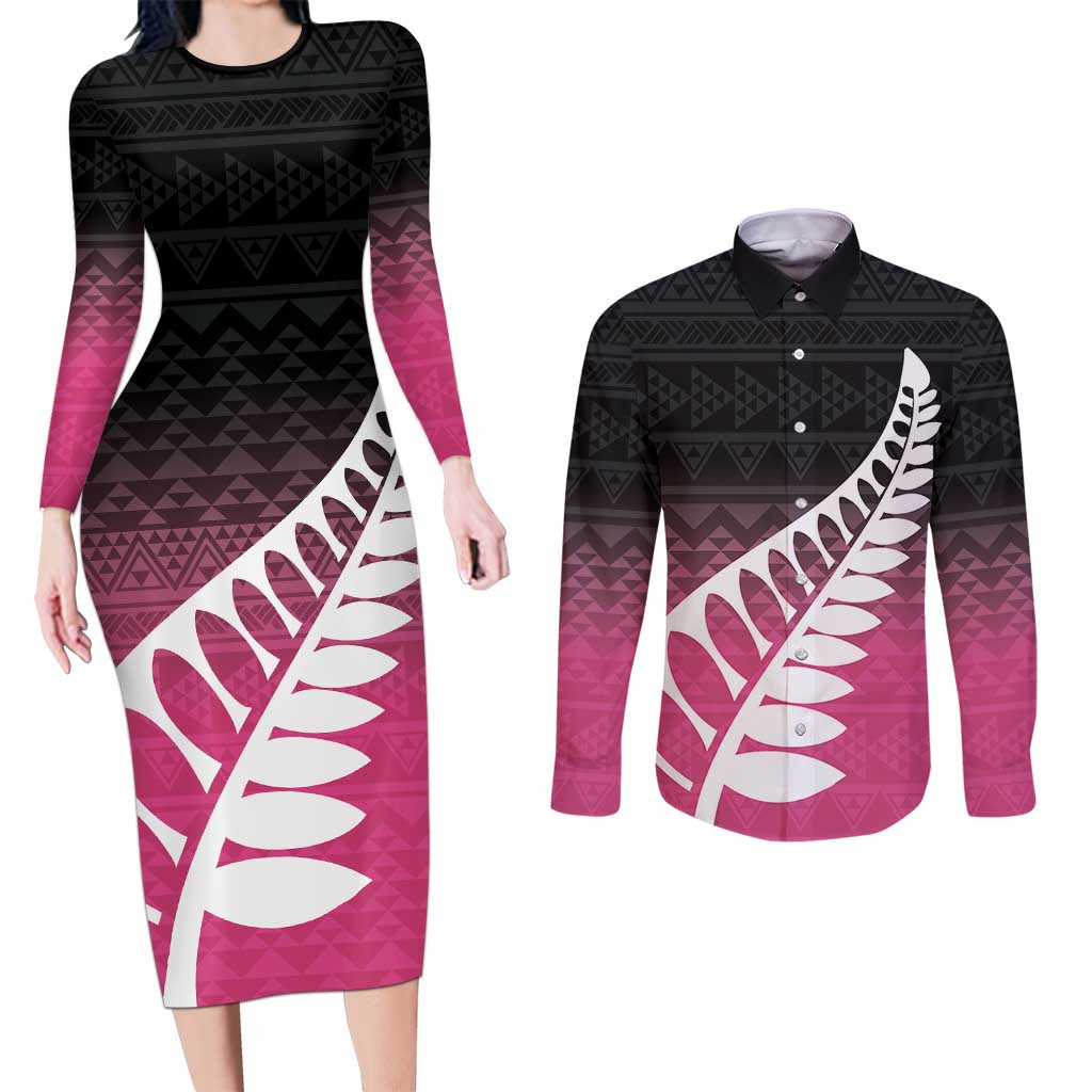 Pink Silver Fern Spirit Taniko Tukutuku Personalised Couples Matching Long Sleeve Bodycon Dress and Long Sleeve Button Shirt