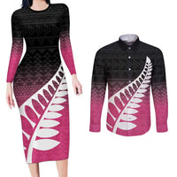 Pink Silver Fern Spirit Taniko Tukutuku Personalised Couples Matching Long Sleeve Bodycon Dress and Long Sleeve Button Shirt