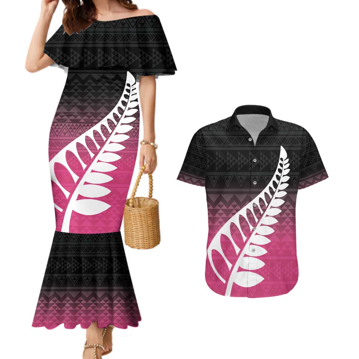 Pink Silver Fern Spirit Taniko Tukutuku Personalised Couples Matching Mermaid Dress and Hawaiian Shirt