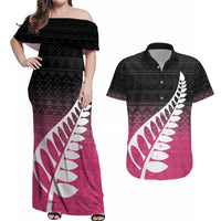 Pink Silver Fern Spirit Taniko Tukutuku Personalised Couples Matching Off Shoulder Maxi Dress and Hawaiian Shirt