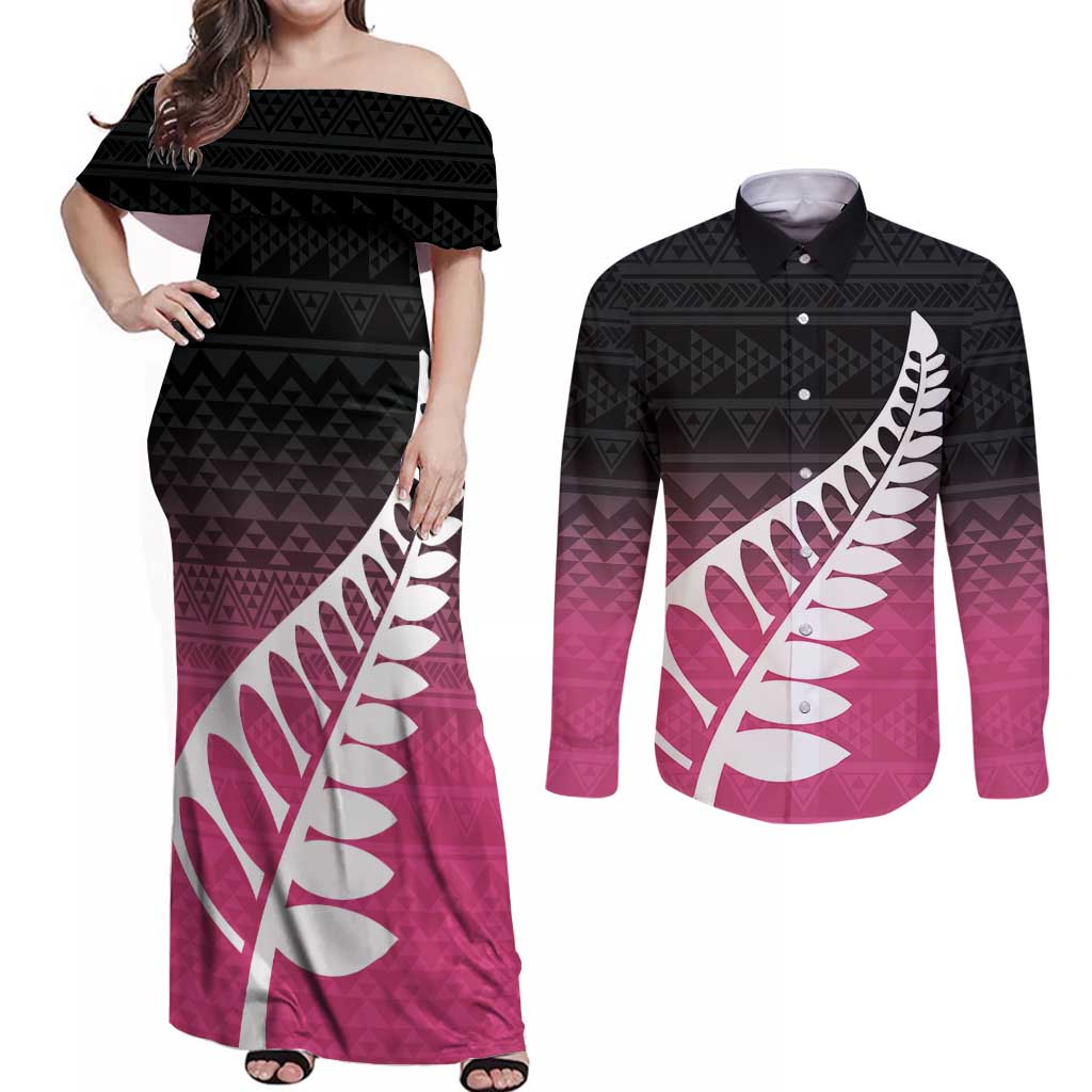 Pink Silver Fern Spirit Taniko Tukutuku Personalised Couples Matching Off Shoulder Maxi Dress and Long Sleeve Button Shirt