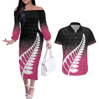 Pink Silver Fern Spirit Taniko Tukutuku Personalised Couples Matching Off The Shoulder Long Sleeve Dress and Hawaiian Shirt