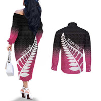 Pink Silver Fern Spirit Taniko Tukutuku Personalised Couples Matching Off The Shoulder Long Sleeve Dress and Long Sleeve Button Shirt
