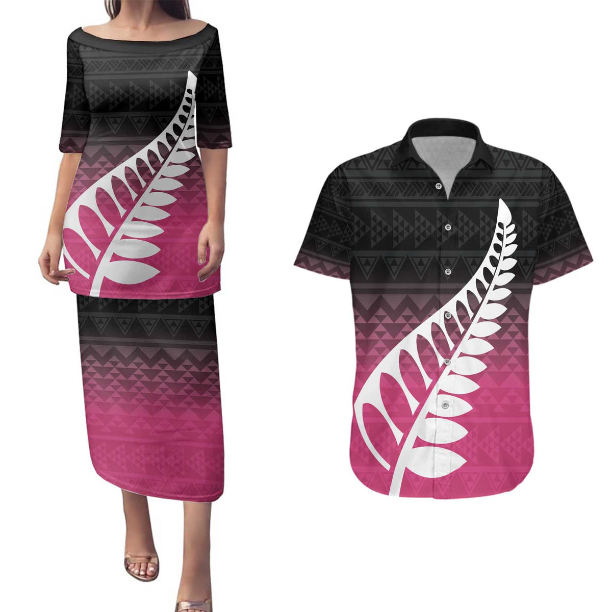 Pink Silver Fern Spirit Taniko Tukutuku Personalised Couples Matching Puletasi and Hawaiian Shirt