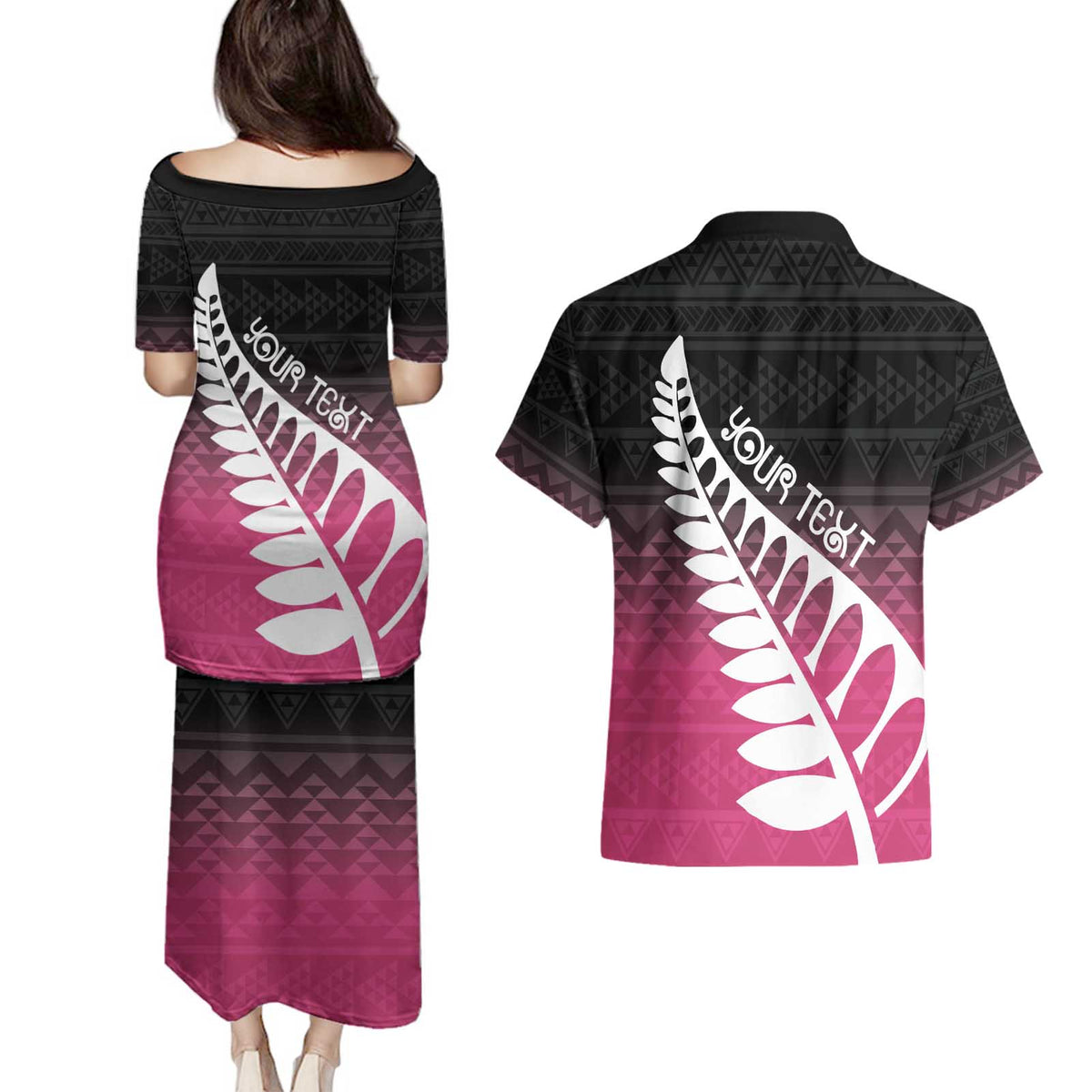 Pink Silver Fern Spirit Taniko Tukutuku Personalised Couples Matching Puletasi and Hawaiian Shirt
