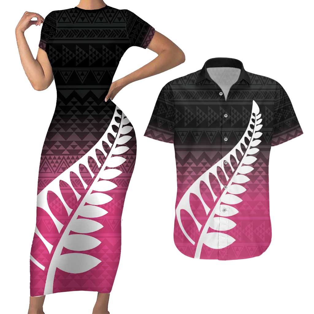 Pink Silver Fern Spirit Taniko Tukutuku Personalised Couples Matching Short Sleeve Bodycon Dress and Hawaiian Shirt
