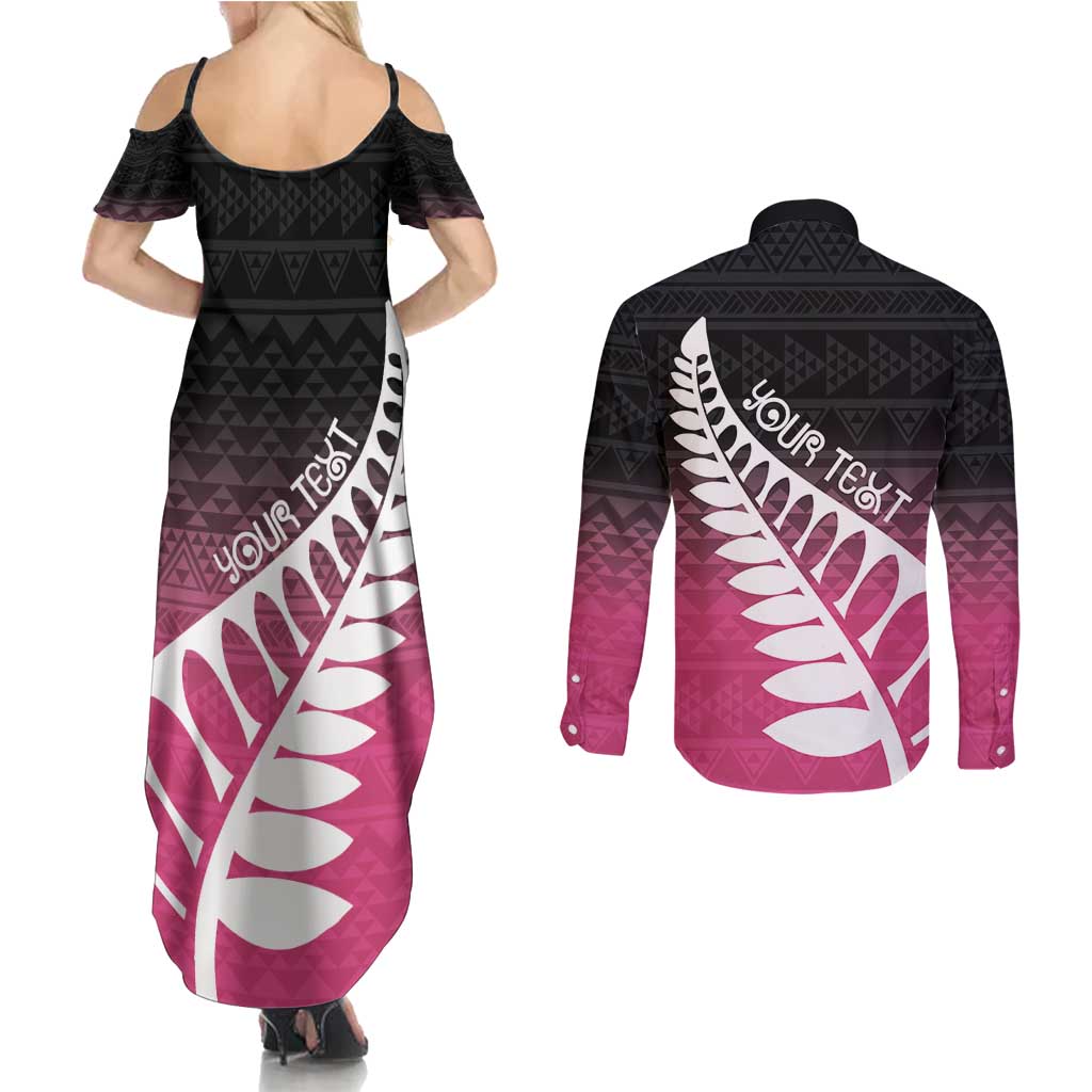 Pink Silver Fern Spirit Taniko Tukutuku Personalised Couples Matching Summer Maxi Dress and Long Sleeve Button Shirt