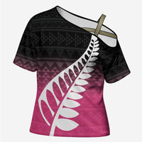 Pink Silver Fern Spirit Taniko Tukutuku Personalised Cross Shoulder Shirt - Polynesian Pride