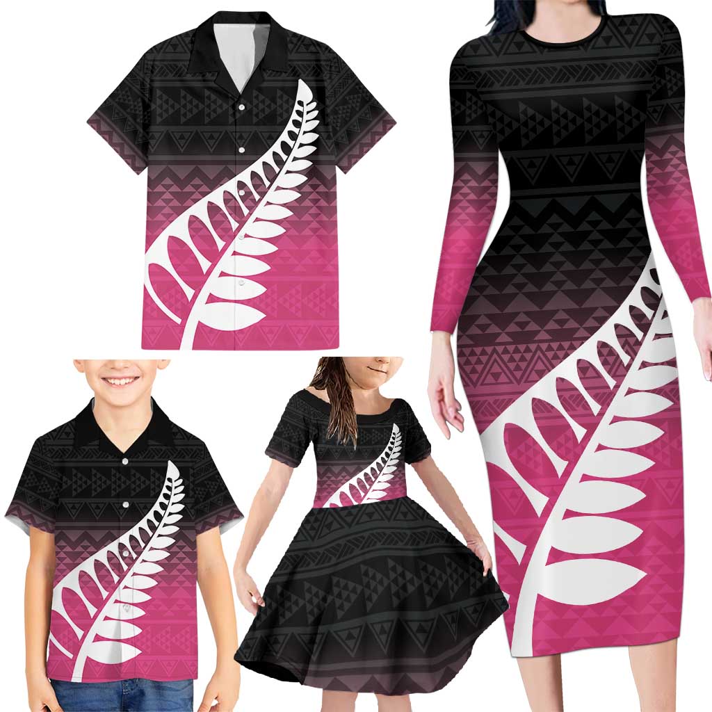 Pink Silver Fern Spirit Taniko Tukutuku Personalised Family Matching Long Sleeve Bodycon Dress and Hawaiian Shirt