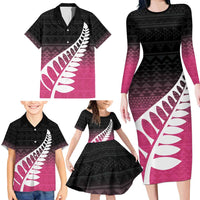 Pink Silver Fern Spirit Taniko Tukutuku Personalised Family Matching Long Sleeve Bodycon Dress and Hawaiian Shirt