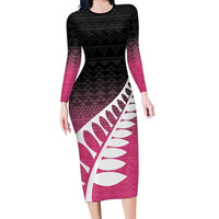 Pink Silver Fern Spirit Taniko Tukutuku Personalised Family Matching Long Sleeve Bodycon Dress and Hawaiian Shirt