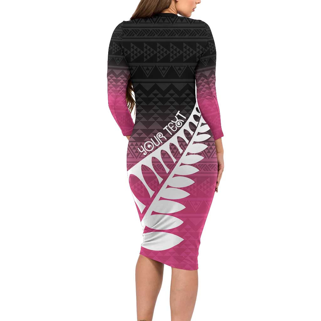 Pink Silver Fern Spirit Taniko Tukutuku Personalised Family Matching Long Sleeve Bodycon Dress and Hawaiian Shirt