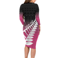 Pink Silver Fern Spirit Taniko Tukutuku Personalised Family Matching Long Sleeve Bodycon Dress and Hawaiian Shirt