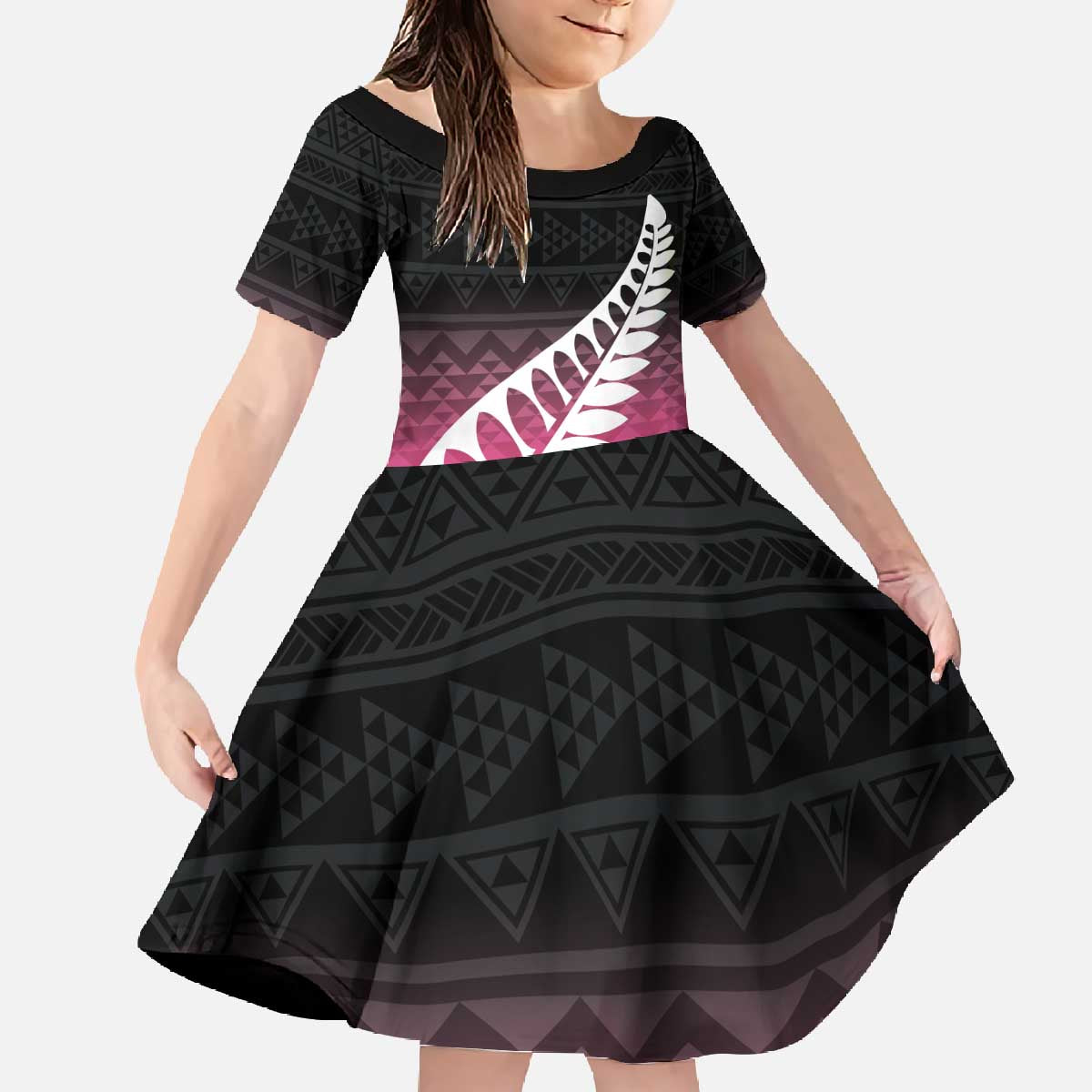 Pink Silver Fern Spirit Taniko Tukutuku Personalised Family Matching Off The Shoulder Long Sleeve Dress and Hawaiian Shirt