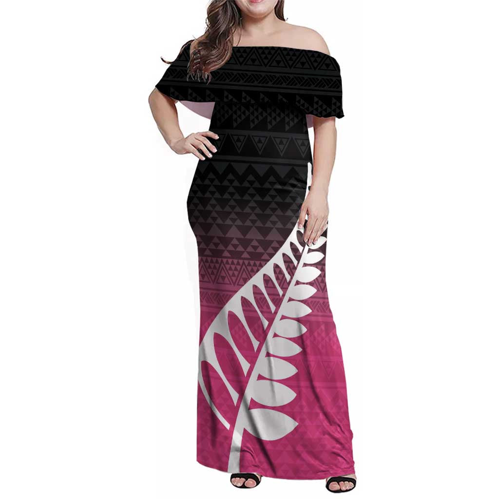 Pink Silver Fern Spirit Taniko Tukutuku Personalised Family Matching Off Shoulder Maxi Dress and Hawaiian Shirt