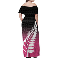 Pink Silver Fern Spirit Taniko Tukutuku Personalised Family Matching Off Shoulder Maxi Dress and Hawaiian Shirt