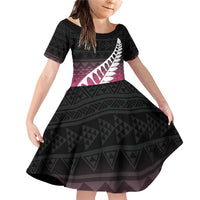 Pink Silver Fern Spirit Taniko Tukutuku Personalised Family Matching Off Shoulder Short Dress and Hawaiian Shirt