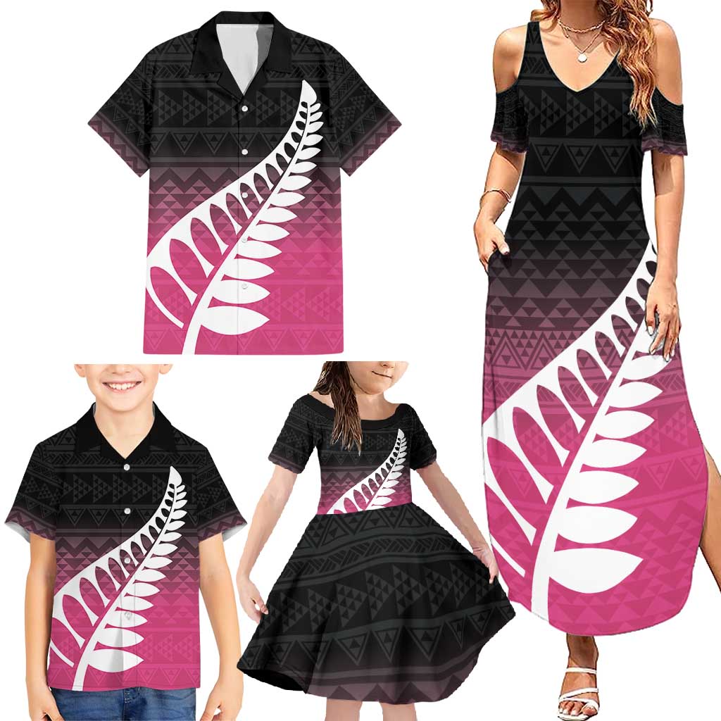 Pink Silver Fern Spirit Taniko Tukutuku Personalised Family Matching Summer Maxi Dress and Hawaiian Shirt
