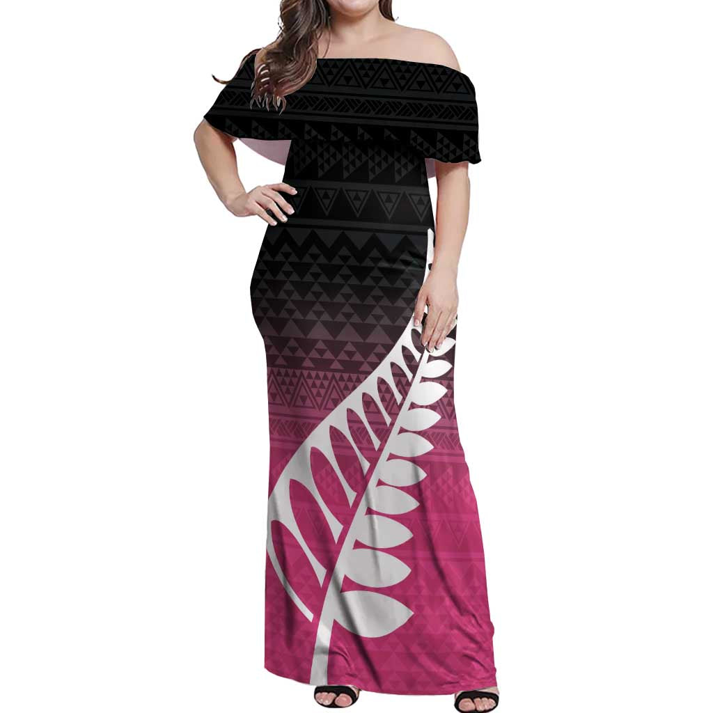 Pink Silver Fern Spirit Taniko Tukutuku Personalised Off Shoulder Maxi Dress LT9 Women Pink - Polynesian Pride