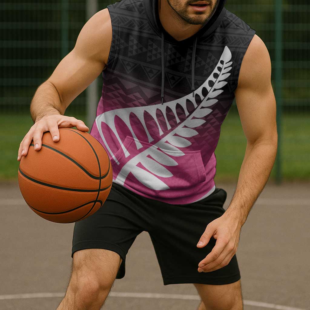 Pink Silver Fern Spirit Taniko Tukutuku Personalised Sleeveless Hoodie - Polynesian Pride