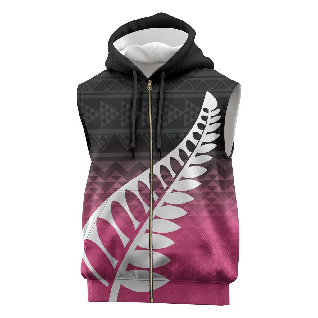 Pink Silver Fern Spirit Taniko Tukutuku Personalised Sleeveless Zip Hoodie - Polynesian Pride