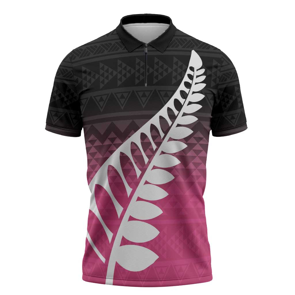 Pink Silver Fern Spirit Taniko Tukutuku Personalised Zipper Polo Shirt - Polynesian Pride