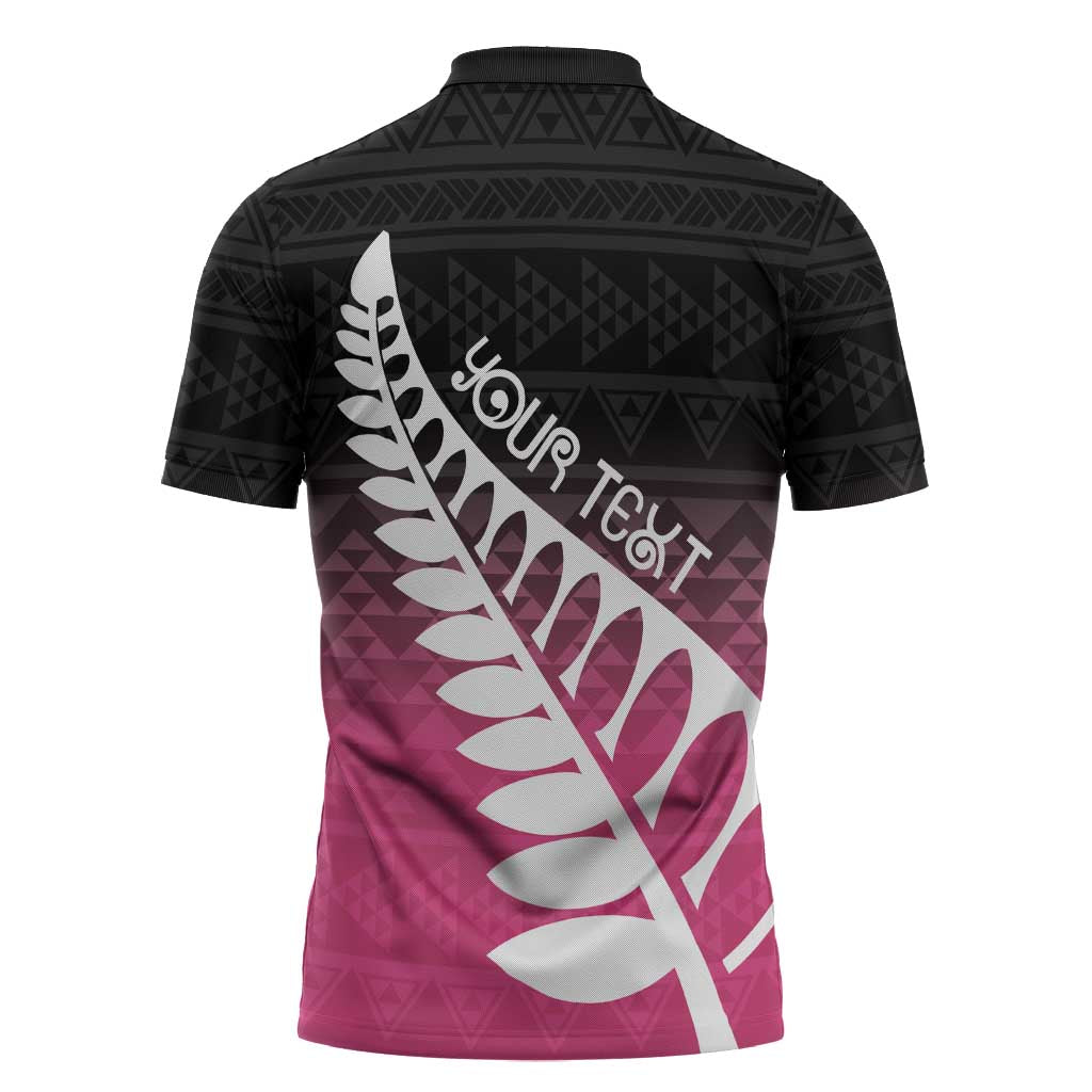 Pink Silver Fern Spirit Taniko Tukutuku Personalised Zipper Polo Shirt - Polynesian Pride