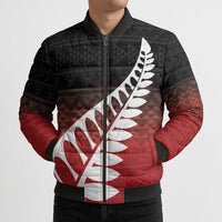 Red Silver Fern Spirit Taniko Tukutuku Personalised Bomber Puffer Jacket - Polynesian Pride