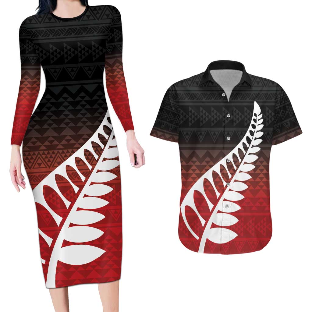 Red Silver Fern Spirit Taniko Tukutuku Personalised Couples Matching Long Sleeve Bodycon Dress and Hawaiian Shirt