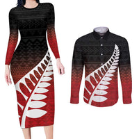 Red Silver Fern Spirit Taniko Tukutuku Personalised Couples Matching Long Sleeve Bodycon Dress and Long Sleeve Button Shirt