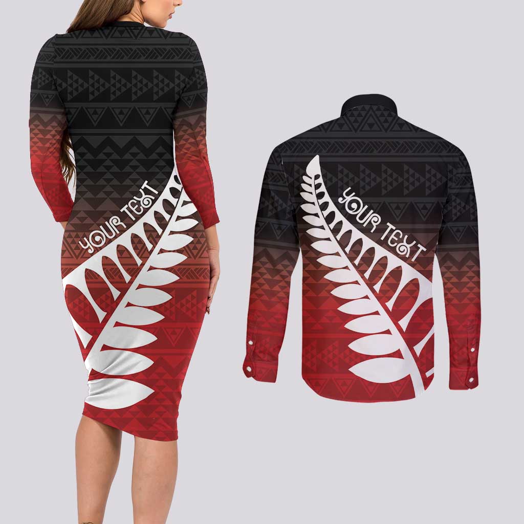 Red Silver Fern Spirit Taniko Tukutuku Personalised Couples Matching Long Sleeve Bodycon Dress and Long Sleeve Button Shirt