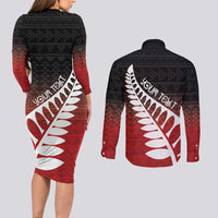 Red Silver Fern Spirit Taniko Tukutuku Personalised Couples Matching Long Sleeve Bodycon Dress and Long Sleeve Button Shirt