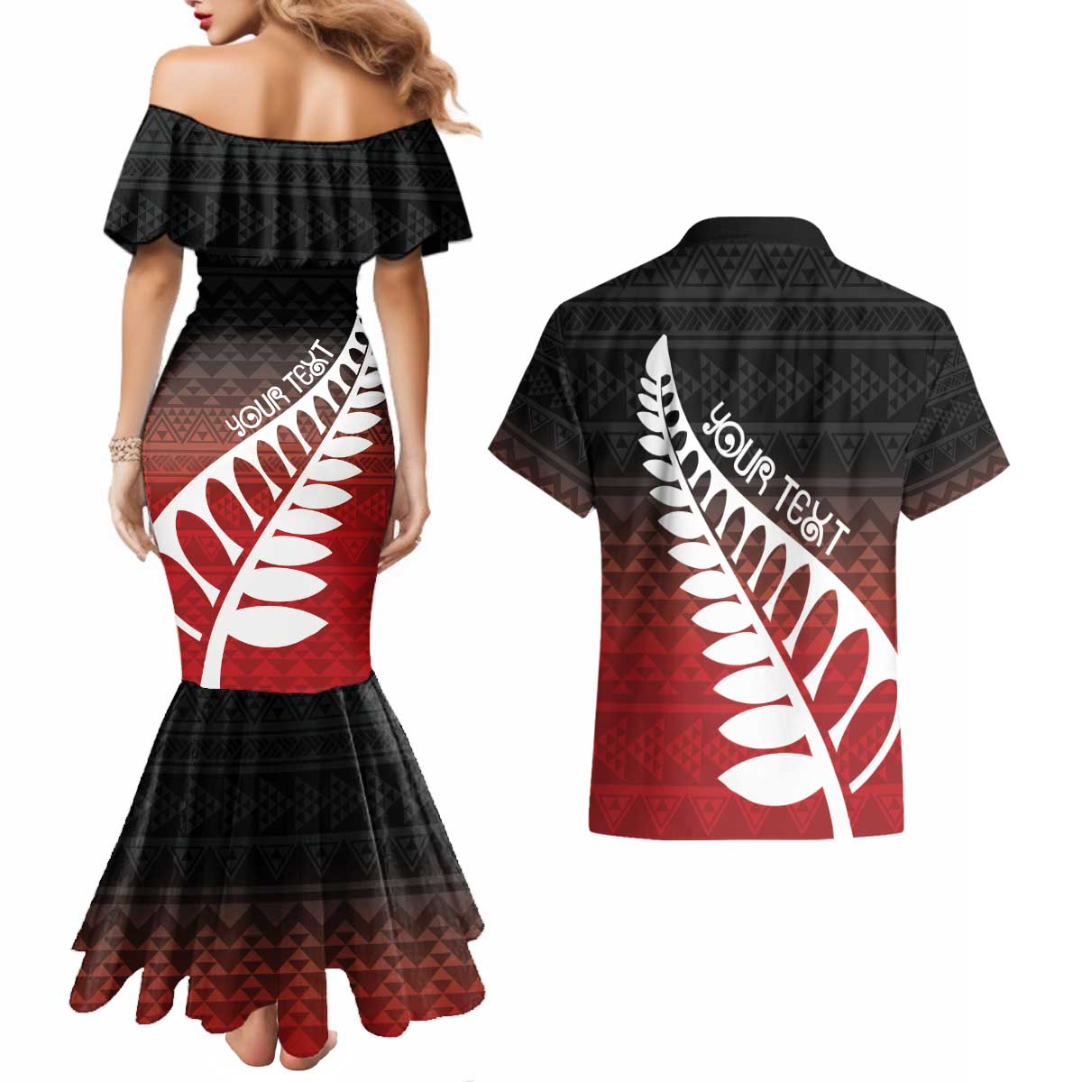 Red Silver Fern Spirit Taniko Tukutuku Personalised Couples Matching Mermaid Dress and Hawaiian Shirt