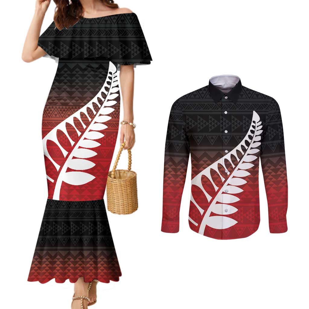Red Silver Fern Spirit Taniko Tukutuku Personalised Couples Matching Mermaid Dress and Long Sleeve Button Shirt