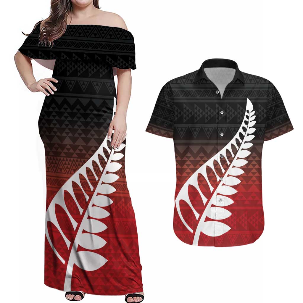 Red Silver Fern Spirit Taniko Tukutuku Personalised Couples Matching Off Shoulder Maxi Dress and Hawaiian Shirt