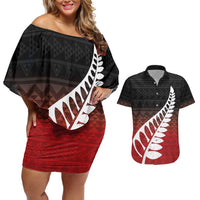 Red Silver Fern Spirit Taniko Tukutuku Personalised Couples Matching Off Shoulder Short Dress and Hawaiian Shirt