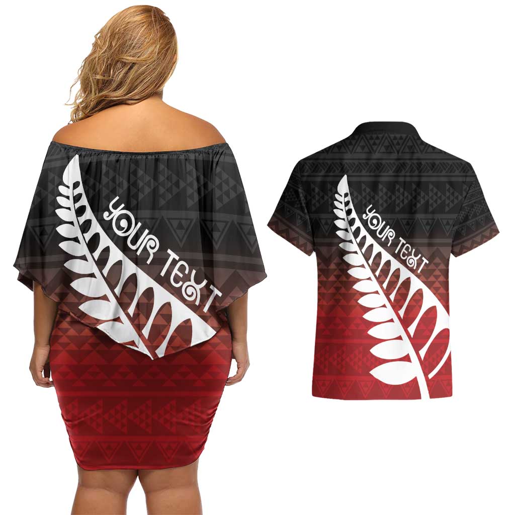 Red Silver Fern Spirit Taniko Tukutuku Personalised Couples Matching Off Shoulder Short Dress and Hawaiian Shirt