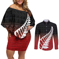 Red Silver Fern Spirit Taniko Tukutuku Personalised Couples Matching Off Shoulder Short Dress and Long Sleeve Button Shirt