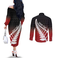 Red Silver Fern Spirit Taniko Tukutuku Personalised Couples Matching Off The Shoulder Long Sleeve Dress and Long Sleeve Button Shirt