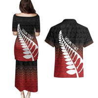Red Silver Fern Spirit Taniko Tukutuku Personalised Couples Matching Puletasi and Hawaiian Shirt