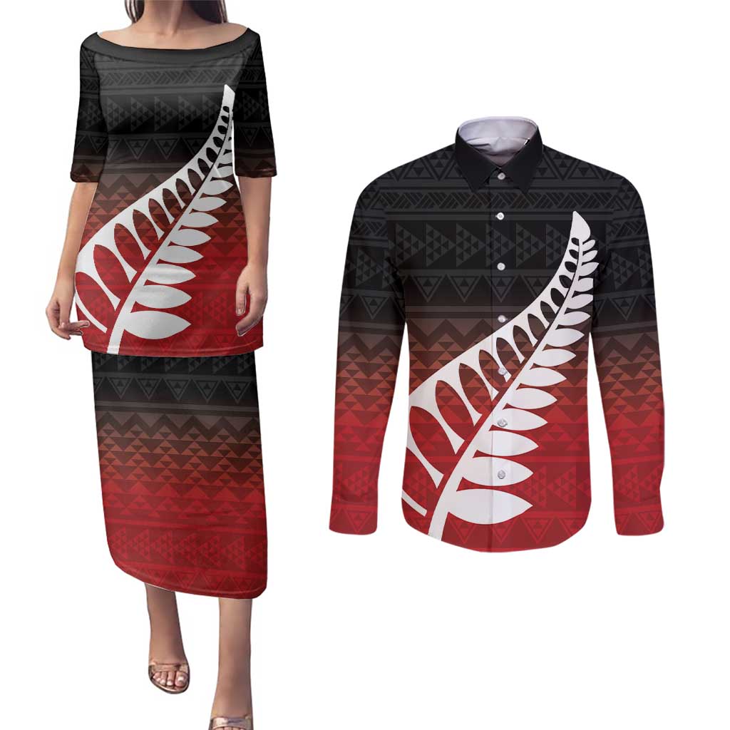 Red Silver Fern Spirit Taniko Tukutuku Personalised Couples Matching Puletasi and Long Sleeve Button Shirt