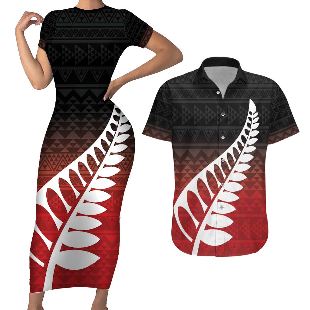 Red Silver Fern Spirit Taniko Tukutuku Personalised Couples Matching Short Sleeve Bodycon Dress and Hawaiian Shirt
