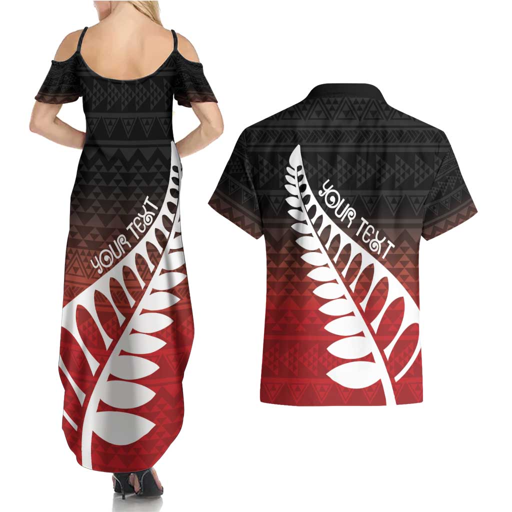 Red Silver Fern Spirit Taniko Tukutuku Personalised Couples Matching Summer Maxi Dress and Hawaiian Shirt