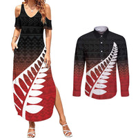 Red Silver Fern Spirit Taniko Tukutuku Personalised Couples Matching Summer Maxi Dress and Long Sleeve Button Shirt