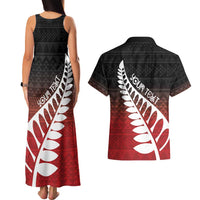 Red Silver Fern Spirit Taniko Tukutuku Personalised Couples Matching Tank Maxi Dress and Hawaiian Shirt
