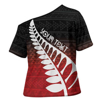 Red Silver Fern Spirit Taniko Tukutuku Personalised Cross Shoulder Shirt - Polynesian Pride