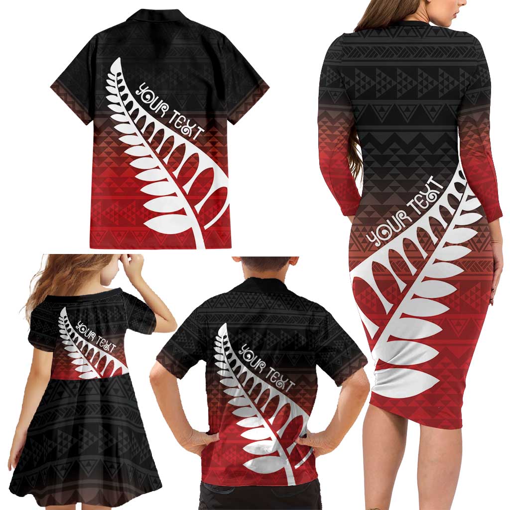 Red Silver Fern Spirit Taniko Tukutuku Personalised Family Matching Long Sleeve Bodycon Dress and Hawaiian Shirt