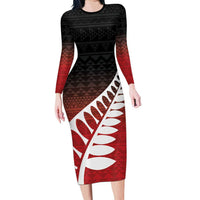 Red Silver Fern Spirit Taniko Tukutuku Personalised Family Matching Long Sleeve Bodycon Dress and Hawaiian Shirt