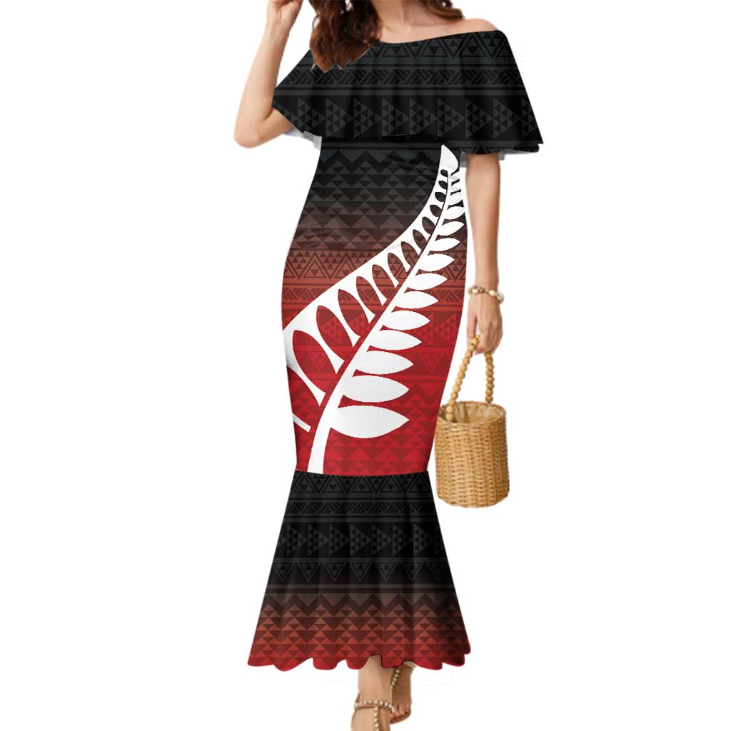 Red Silver Fern Spirit Taniko Tukutuku Personalised Family Matching Mermaid Dress and Hawaiian Shirt